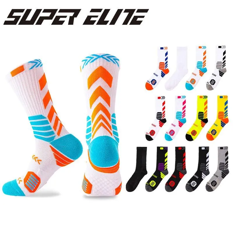 Men's Elite Compression Crew Length Basketball Socks for Adult Males - Terry Cushioned, Moisture Wicking, High Elastic, Breathable, Cooling, Arch Support, Anti-Slip Grip for Running, Gym