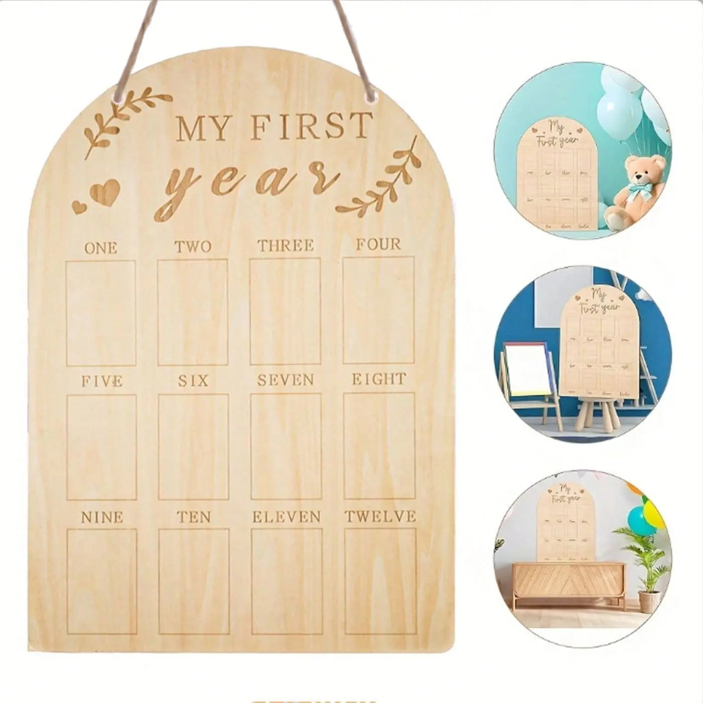 Wooden Baby Photo Display Frame, 1 Count My First Year Milestone Photo Display Frame, Photo Wall Decoration for Home Living Room Bedroom, Picture Frame, Wood Picture Frames