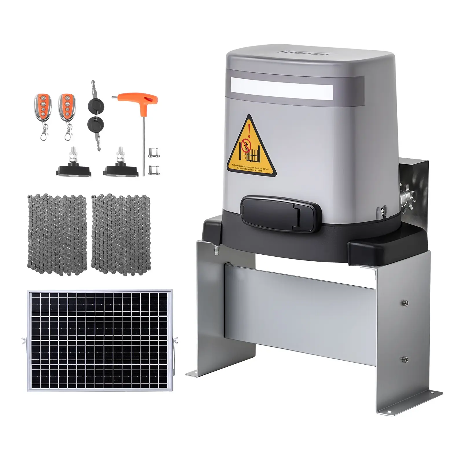 【Summerfinds】VEVOR Solar Gate Opener, 280W Electric Gate Opener for Doors up to 65.6ft 1799lbs, Chain Drive Sliding Fence Door Motor with Infrared Sensor 2 Remote Controls, Driveway Gates Opening System