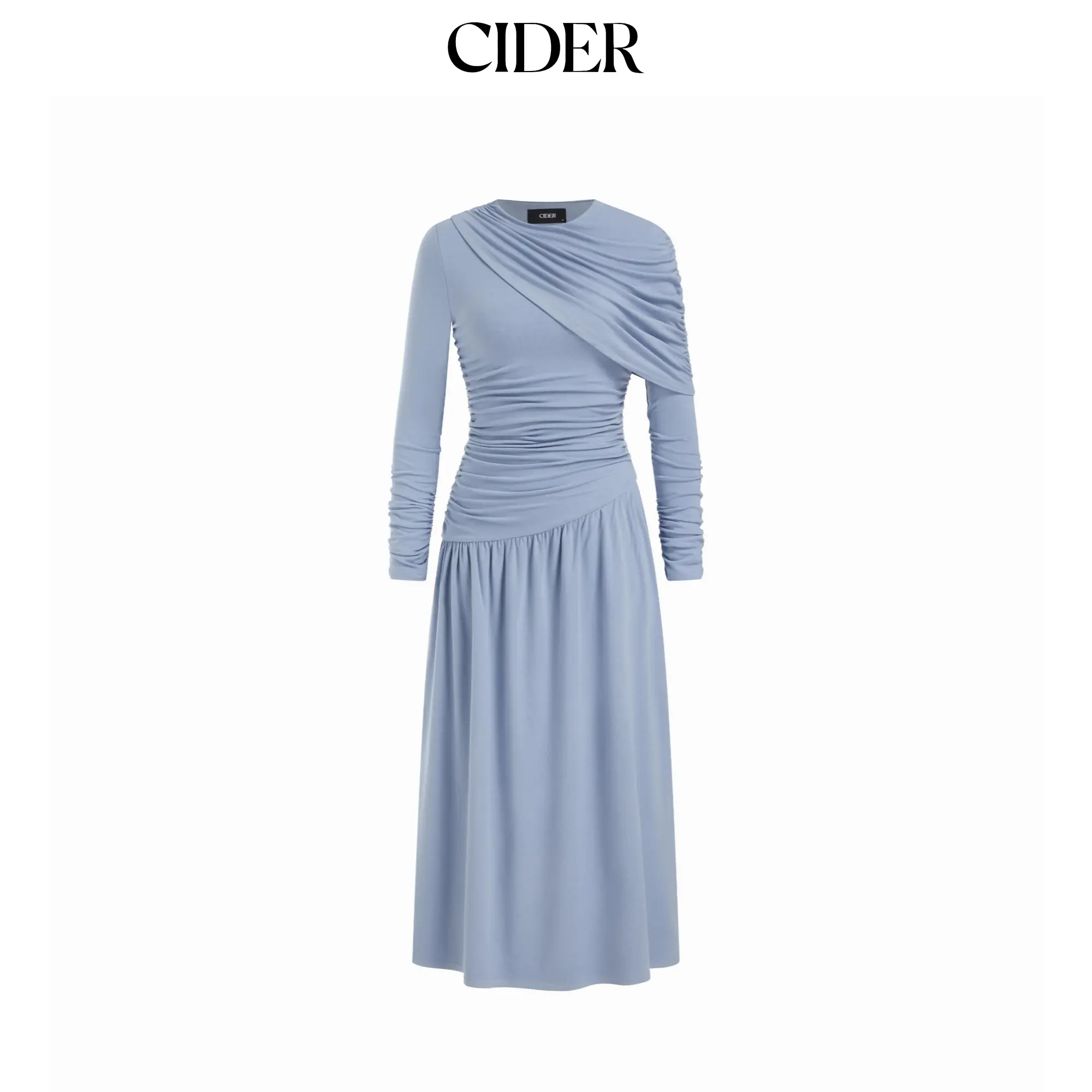 Cider Long Sleeve Asymmetrical Ruched Maxi Dress