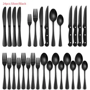24Pcs Stainless Steel Cutlery Set, utensil combines spoon fork and knife Set, Suitable For Home, Restaurant, Dishwasher Safe Tableware Utensils Kitchenware；Aesthetic Matte Black Flatware Set；he ultimate modern kitchen essential to elevate your dining!