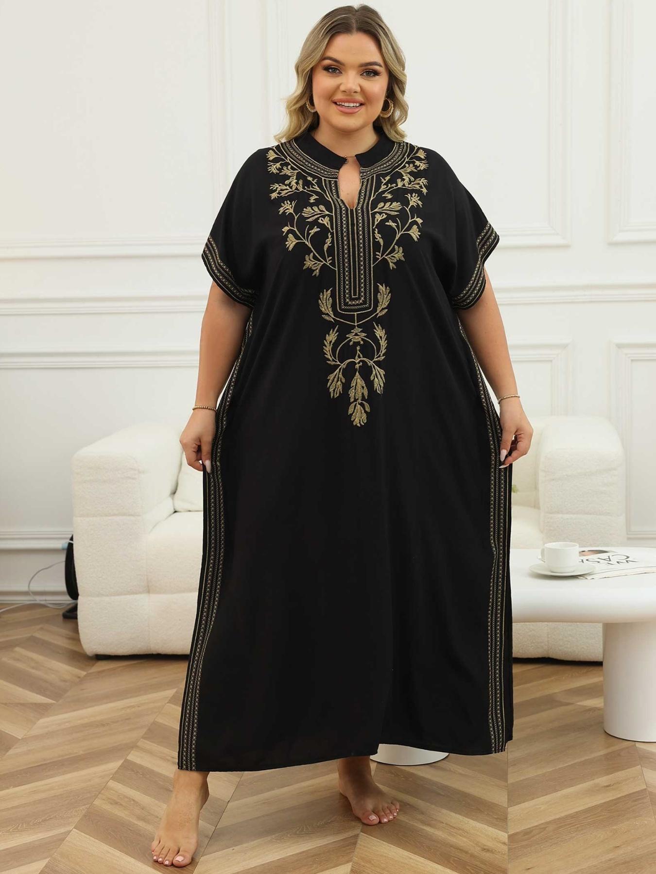 2026Plus Size Ethnic Pattern Embroidered Split Kaftan Dress, Boho Notched Neck Batwing Sleeve Long Dress, Summer Clothing, Women'S Summer Clothes, Modest Clothing Caftan Robe, Muslim Women Gowns, Modesty Muslim Clothing..