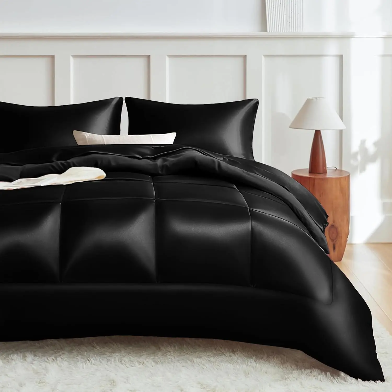 Queen Comforter Set Black, Reversible Satin Microfiber Comforter Set for All Seasons, 3 Pieces Non-Slip Silky Soft Bedding Sets with 1 Comforter (90"x90") and 2 Pillowcases (20"x26")