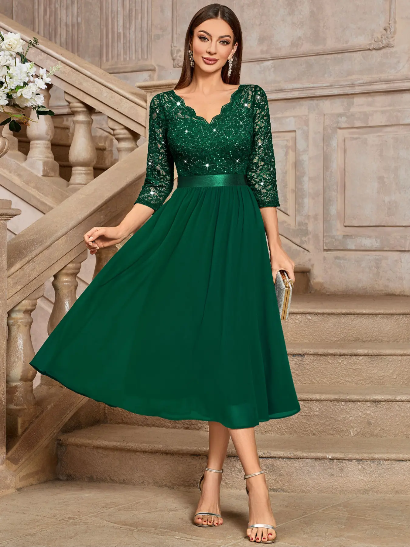 miusol green dress Miusol Women's V-Neck Sequin Floral Lace Chiffon Maxi Formal Dress