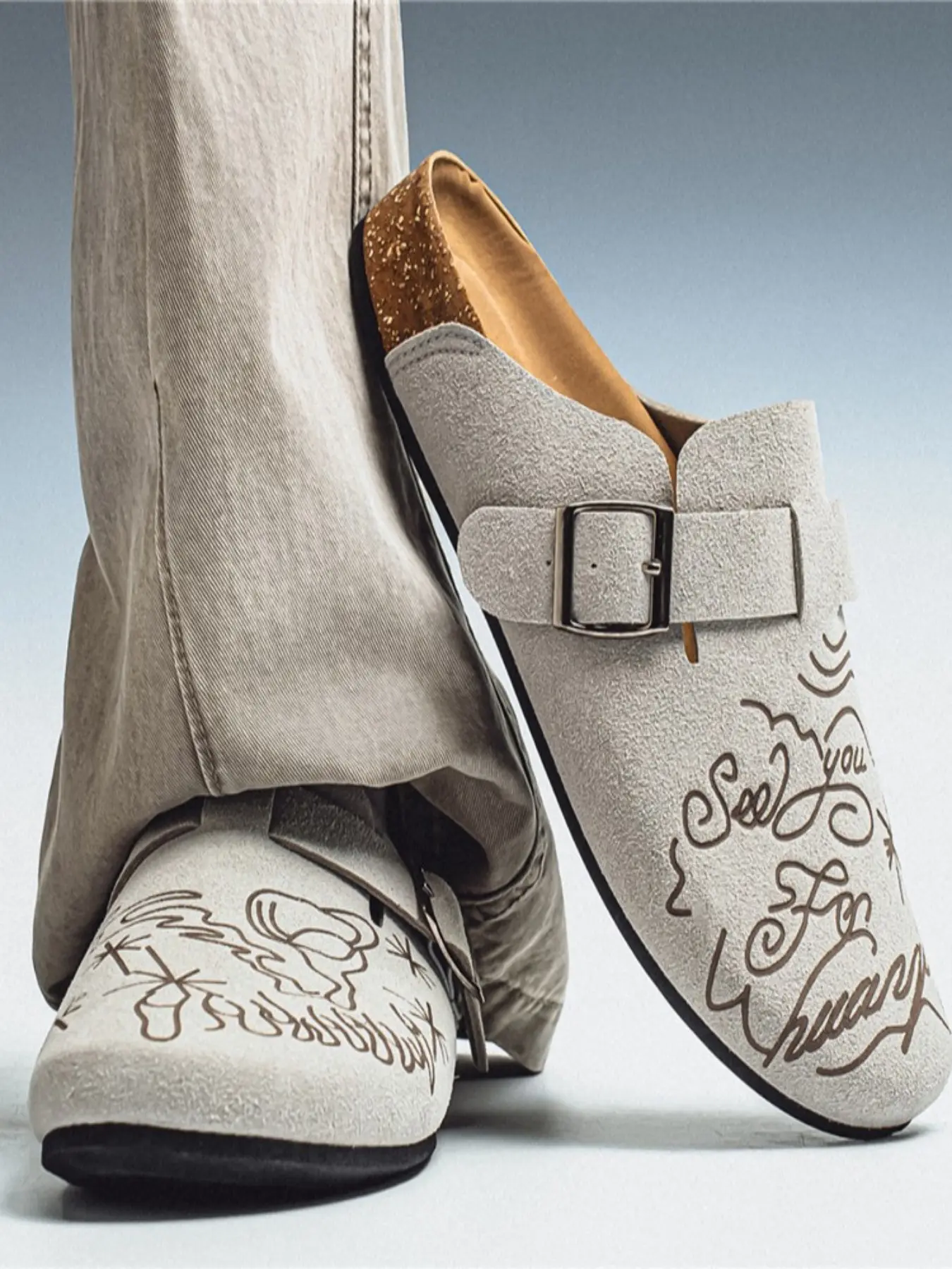 Men's Cool Suede Sandals, Punk Gothic Style Slip-On Shoes, Floral Details, Streetwear Footwear, Trendy Casual Sneakers
