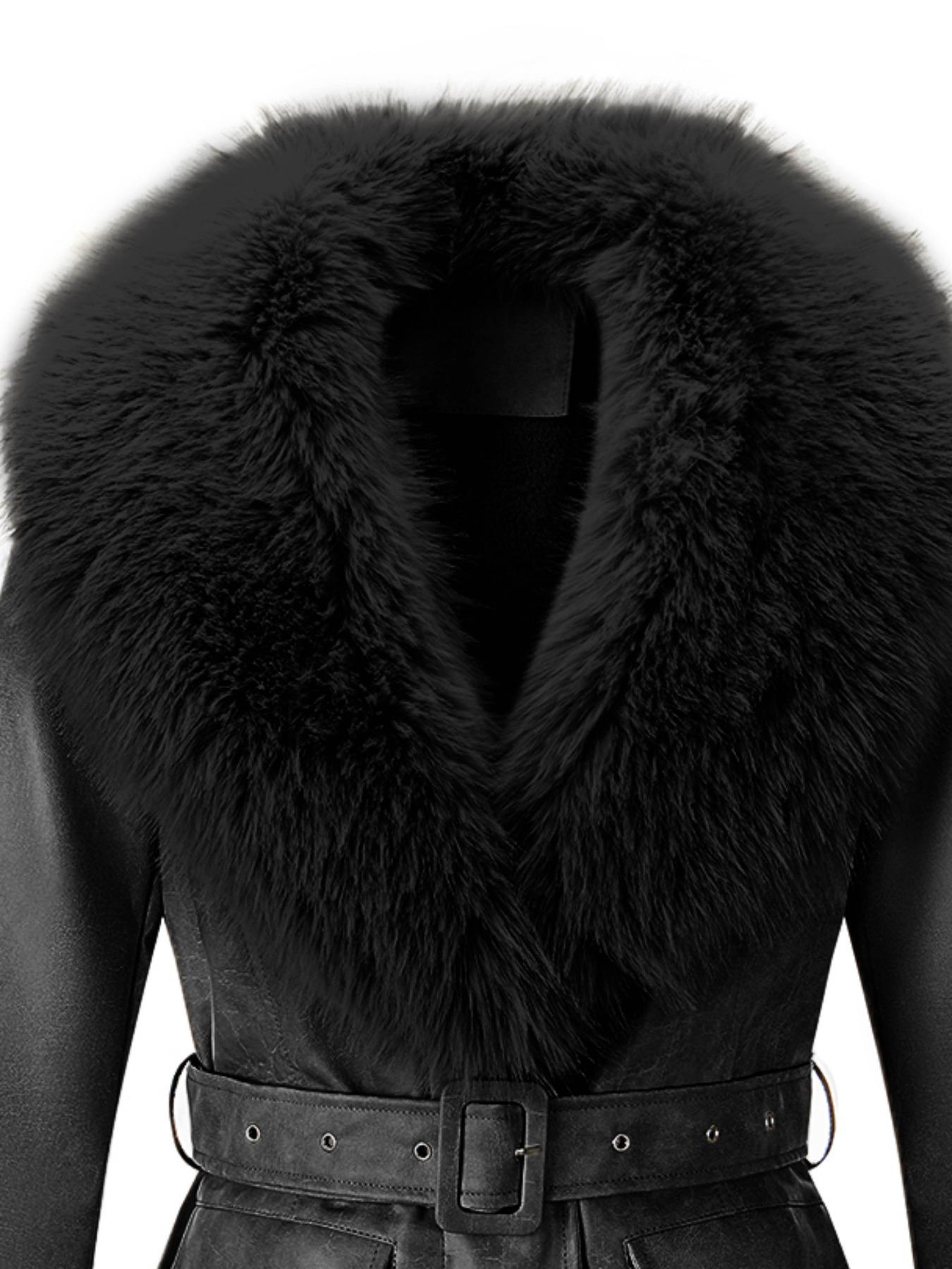 Women's Fall Winter Long Windproof Waterproof Jacket Coat, Comfortable Soft Faux Fur Collar, Thick PU Leather, Slim Fit with Belted Design Outerwear