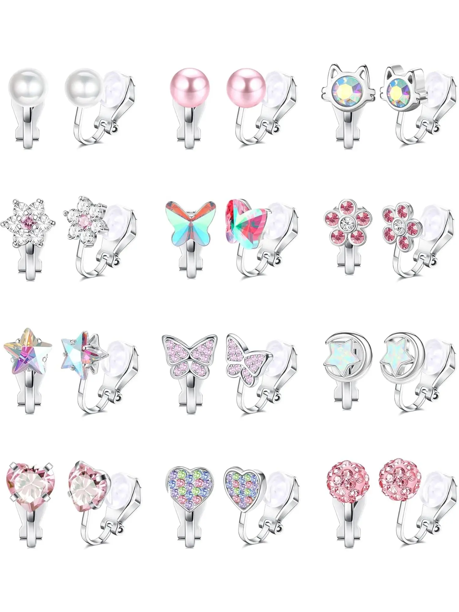 12Pairs Multicolored Clip On Earring Set for Women Girls, Hypoallergenic Cute Turtle Heart Star Butterfly Flower Pearl CZ Non Pierced Stud Earrings, Ideal for Daily Dating Beach Party Wear