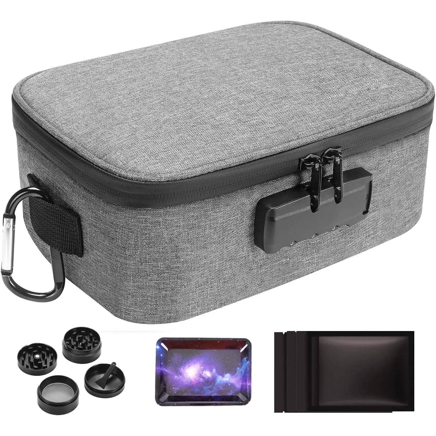 Grey Medium Size Smelll Bag with 3 PCS Accessories,-Resistant file Organizers Conatiner Box with Combination Lock, Medicine Case, Great Gift for.