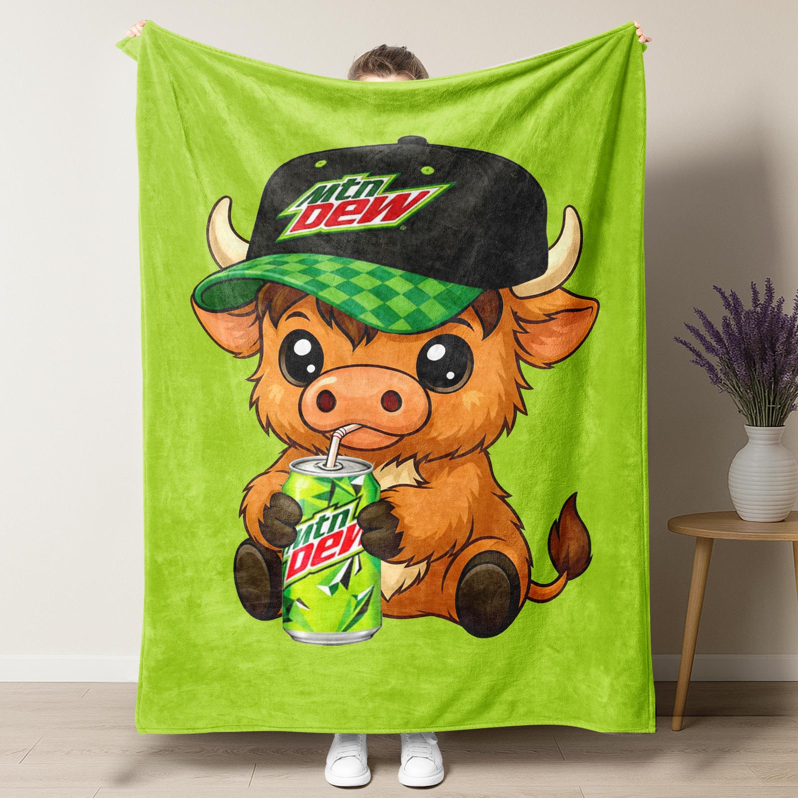 Cute Highland Cow Pattern Mtn Dew Baja Blast Blanket,Mountain Dew Sitting Highland Cow Blanket Soft Warm Throw Blanket, Warm Nap Blanket for Home Office Travel Camping