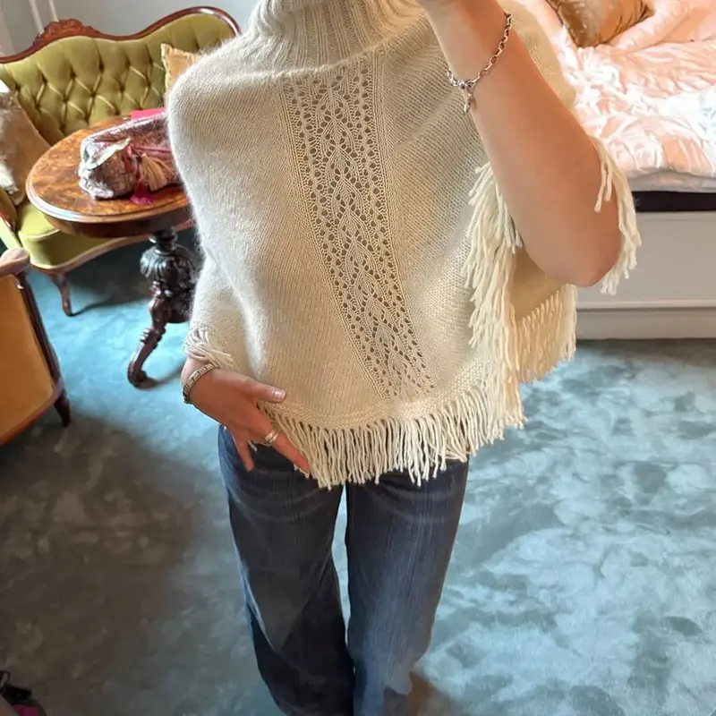 Women's Solid Color French High Neck Fringe Knit Cape, Elegant Loose-Fitting Sweater for Fall Winter, Fashionable Daily Wear Outerwear