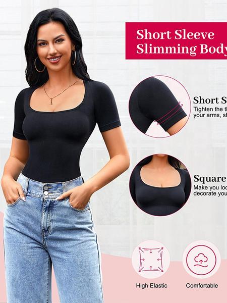 Women's Seamless Square Neck Short Sleeve Shapewear, Casual Breathable Fabric Seamless Sculpting Bodysuit, Regular Fit, All Seasons, Comfortable Inner Layer Top