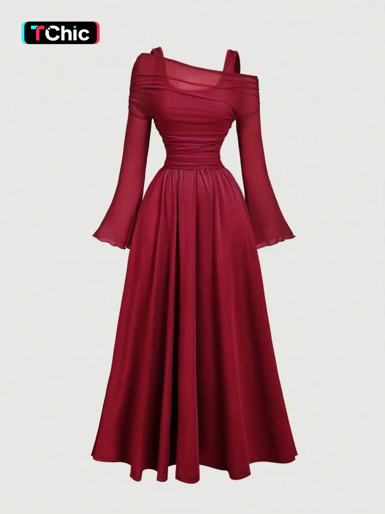 Burgundy Off-Shoulder Mesh Two-Piece Set, Flared Sleeve Long-Sleeve Dress, Western Style, Retro, Fall & Winter Fashion