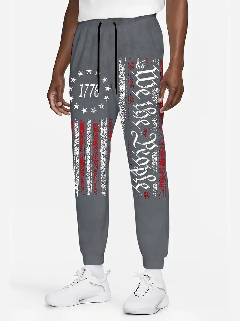 Men's patriotic 1776 flag and Declaration of Independence printed running pants - casual sports ankle pants with drawstring, machine washable polyester fiber, perfect for celebrating