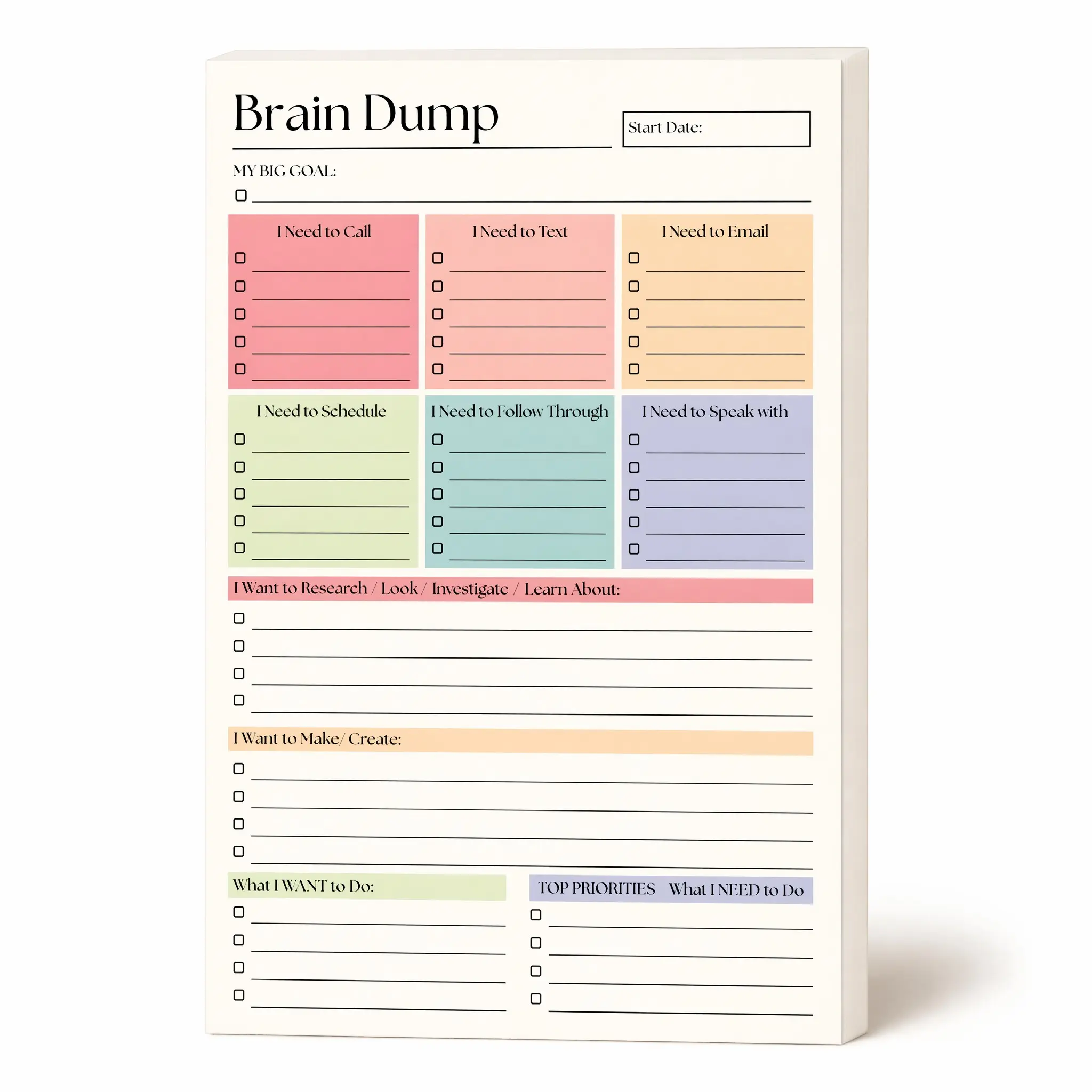 Brain Dump Planner Notepad, Planner Notebook, Productivity Planner, 50 Tear-Off Sheets 8.27 x 5.8", Multi-Section Daily Organizer for Work & Personal To-Do Lists, Priorities & Schedules, Focus Workbook Perfect Holiday Gift