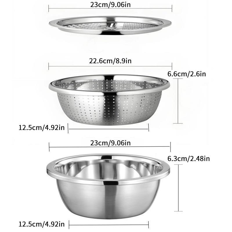 3-In-1 Stainless Steel Multi-Functional Strainer Set, Includes Basin/sieve/cutter, Ideal for Washing Rice Fruits Vegetables Kitchen Essentials