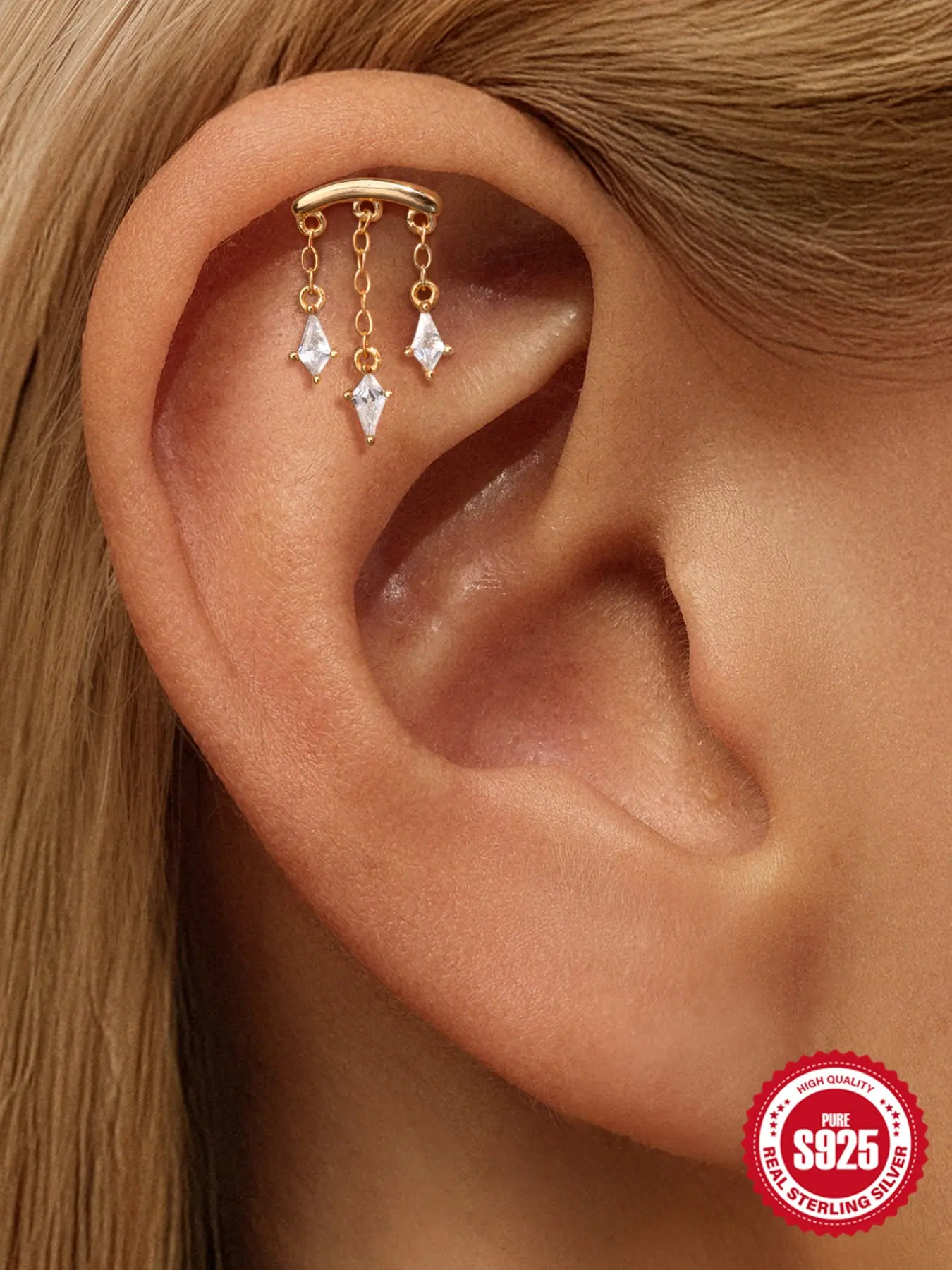 1Pc Waterproof S925 Sterling Silver Gold Plated Flat Back Stud Earring, Non-Tarnish Hypoallergenic Y2K Bling Rhinestone Accessories, Non Tarnish Earrings, Teardrop CZ Liquid Chain Dangle Cartilage Helix Piercing Bridal Wedding Party Jewelry Gift for Her