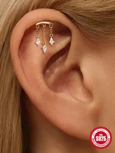 1Pc Waterproof S925 Sterling Silver Gold Plated Flat Back Stud Earring, Non-Tarnish Hypoallergenic Y2K Bling Rhinestone Accessories, Tarnish Free Teardrop CZ Liquid Chain Dangle Cartilage Helix Piercing Bridal Wedding Party Jewelry Trendy Gift for Her