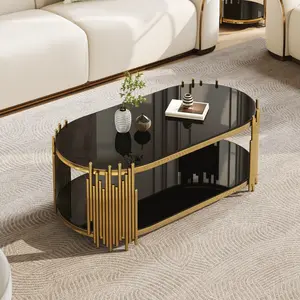 Luxury Gold Coffee Table Living Room Center Table with 2-Tier Black Tempered Glass Shelves, Modern Oval Table, Polished Stainless Steel Frame, Artistic "Organ Pipe" Design, 47" x 23.6" x 17.7"