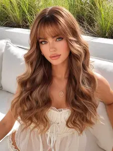 24 Inch Long Curly Wigs for Women, Gorgeous Fluffy Wigs with Blunt Bangs, Synthetic Full Machine Wigs for Party, Daily Use, Wavy Wigs