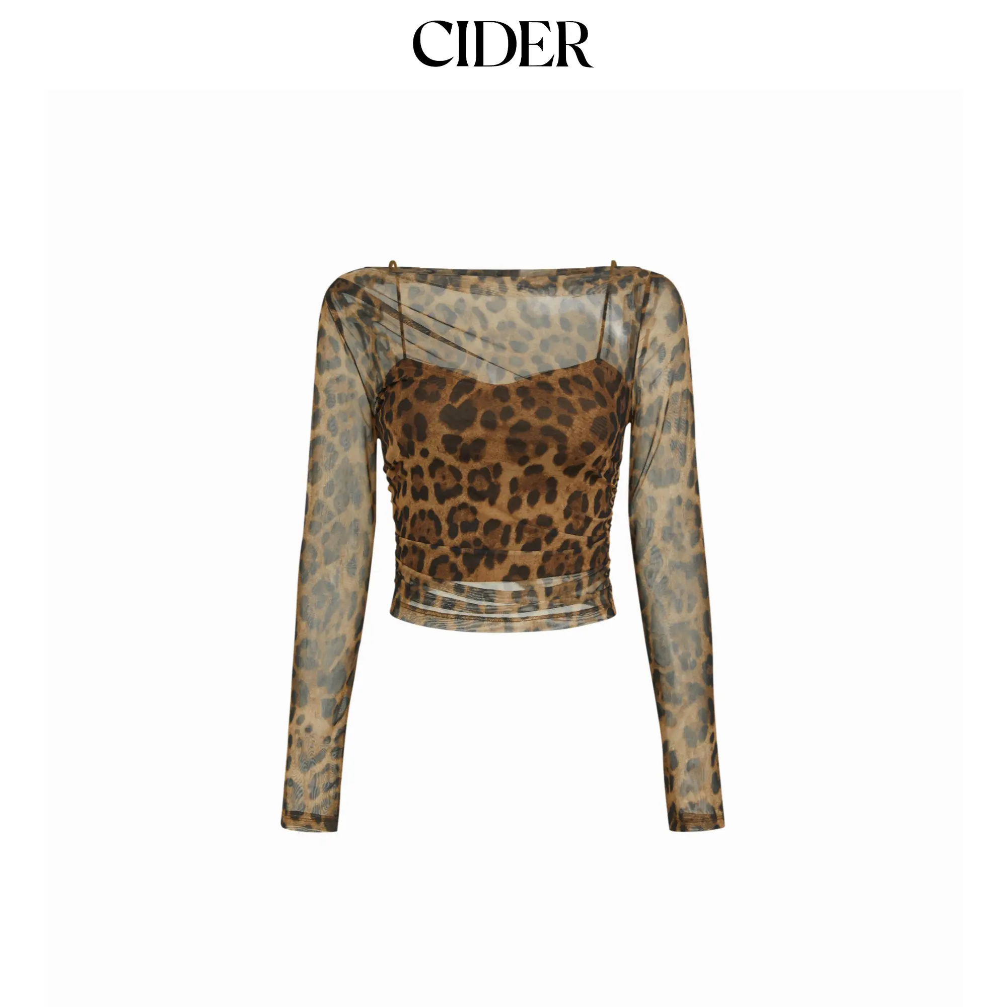 Cider Mesh Leopard Boat Neck Long Sleeve See-through Top With Cami Top SummerWins SummerFinds