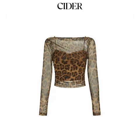 Cider Mesh Leopard Boat Neck Long Sleeve See-through Top With Cami Top