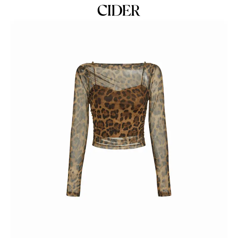 Cider Mesh Leopard Boat Neck Long Sleeve See-through Top With Cami Top