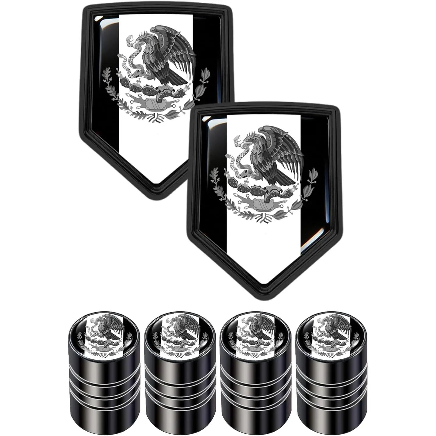 2-Pack Mexico Flag Shield Decals & 4-Pack Valve Stem Caps Set, 3D Glossy Car Accessories with Full Color and Black White Styles, Universal Vehicle Decor for Cars Trucks SUVs Motorcycles