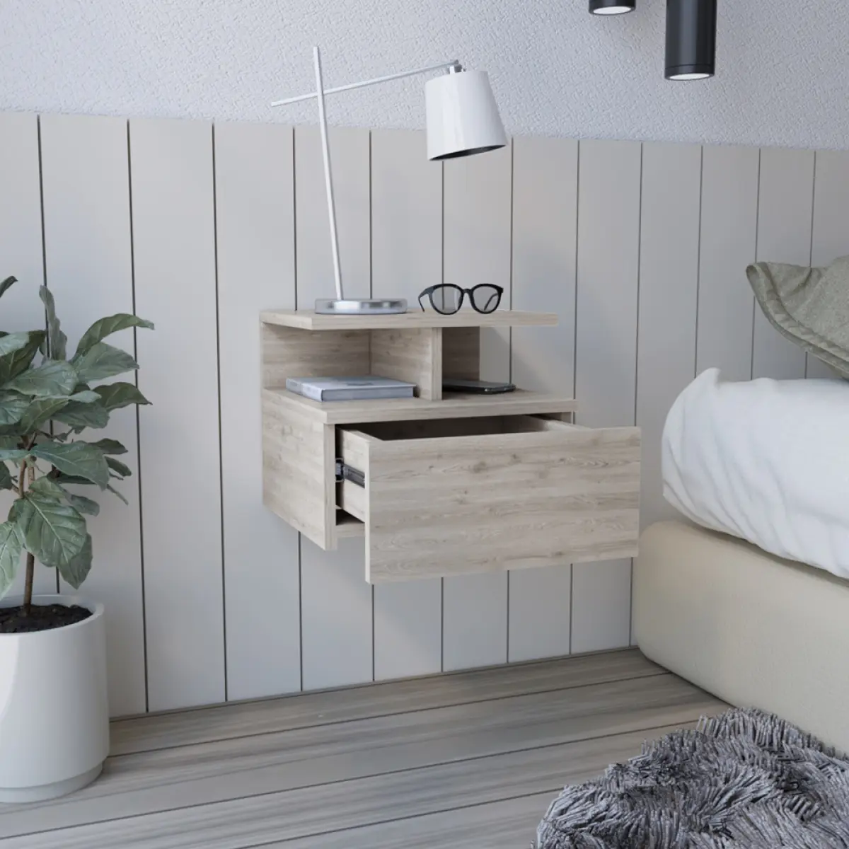 Floating Nightstand Flopini, One Drawer, Light Gray Finish On-Site