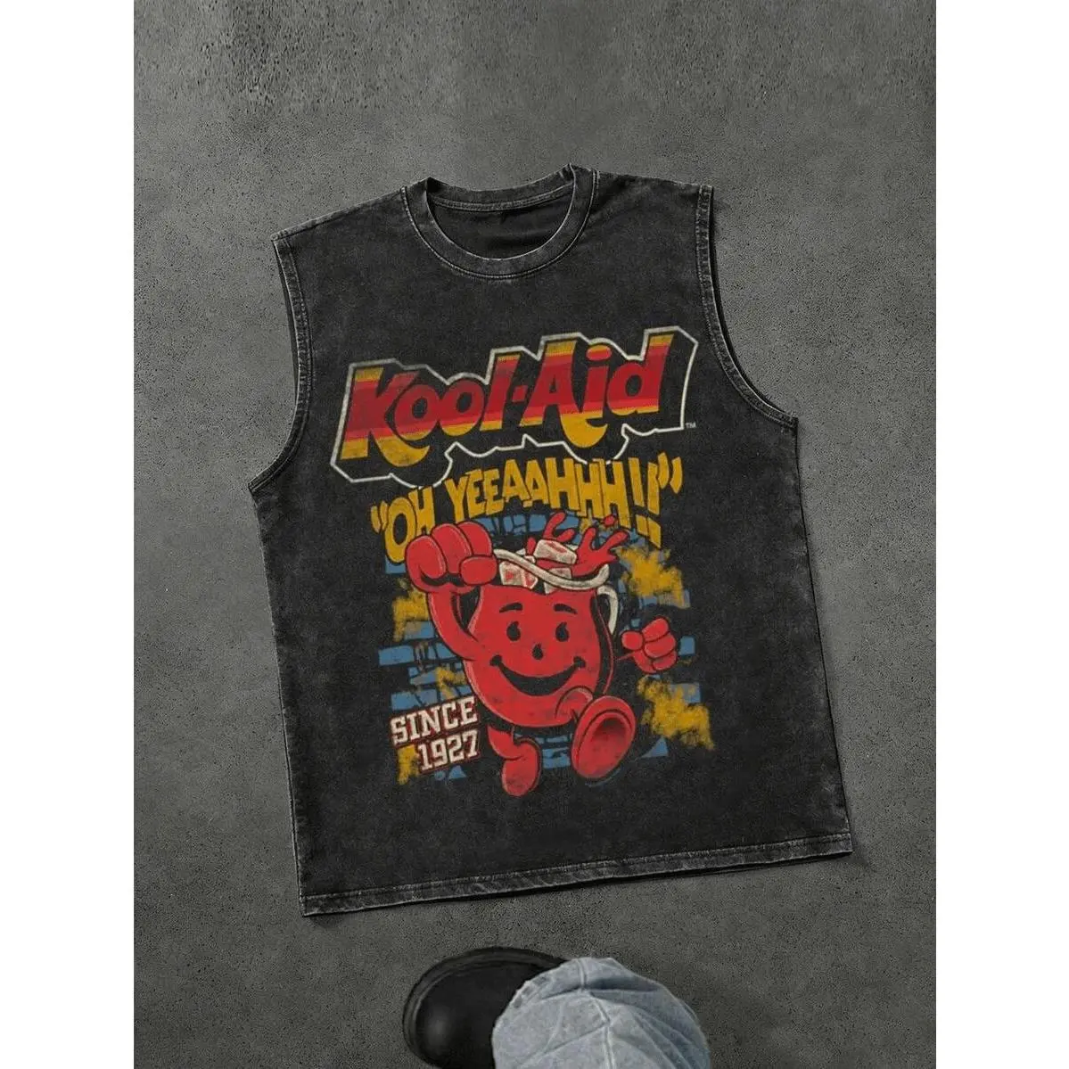 Kool-Aid Man Classic Mascot Vintage Crew Neck Raw Sleeveless Top, Versatile Casual Outdoor Backyard BBQ Skate Park Beach Camping 90s Throwback Daily Outfit Unisex Tank For Men Women