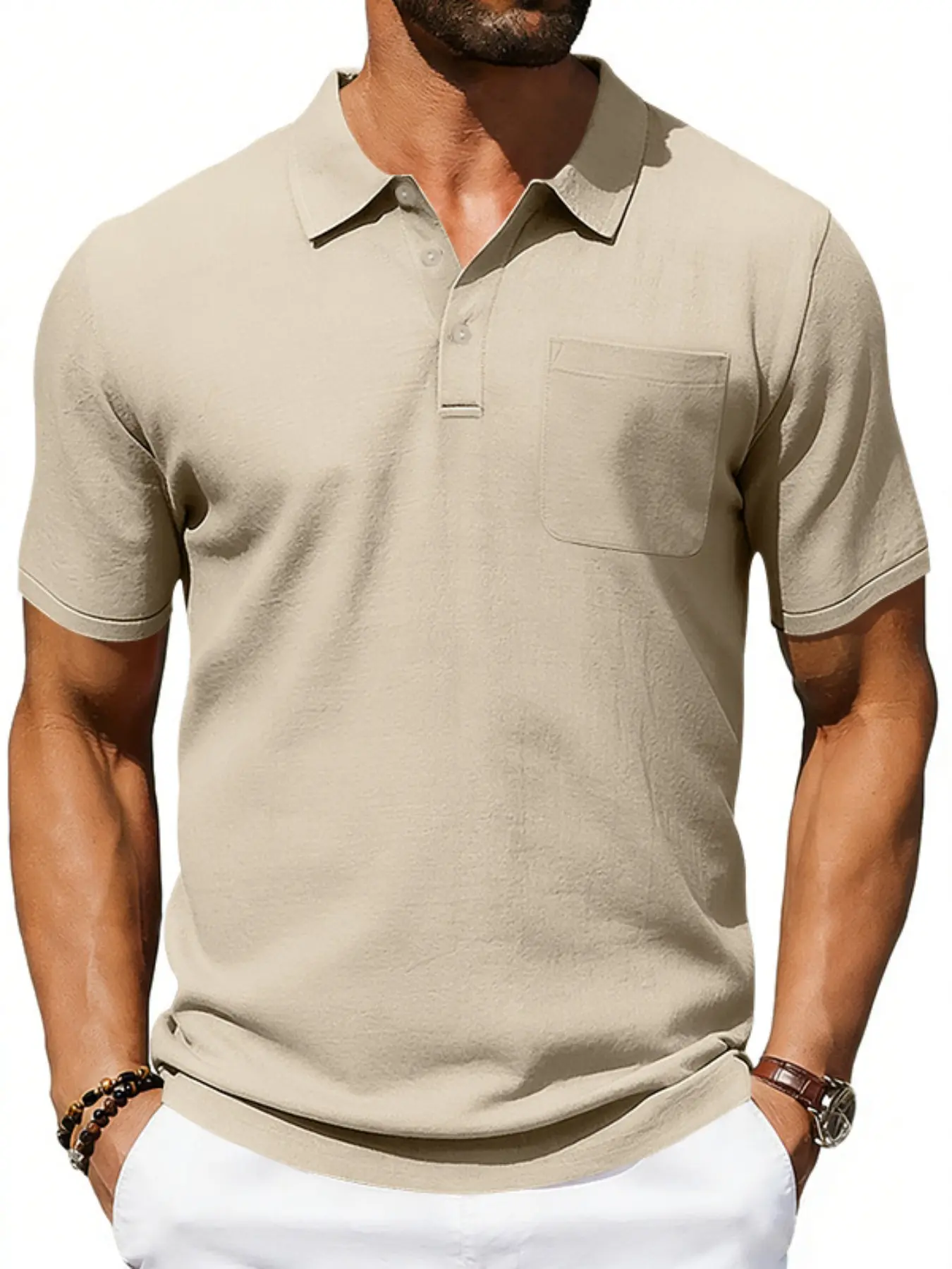 Men's Summer Loose Fit Linen Classic Polo Shirt, Single Chest Pocket Button Front, Breathable Fabric, Casual Short Sleeve Top for Business & Leisure
