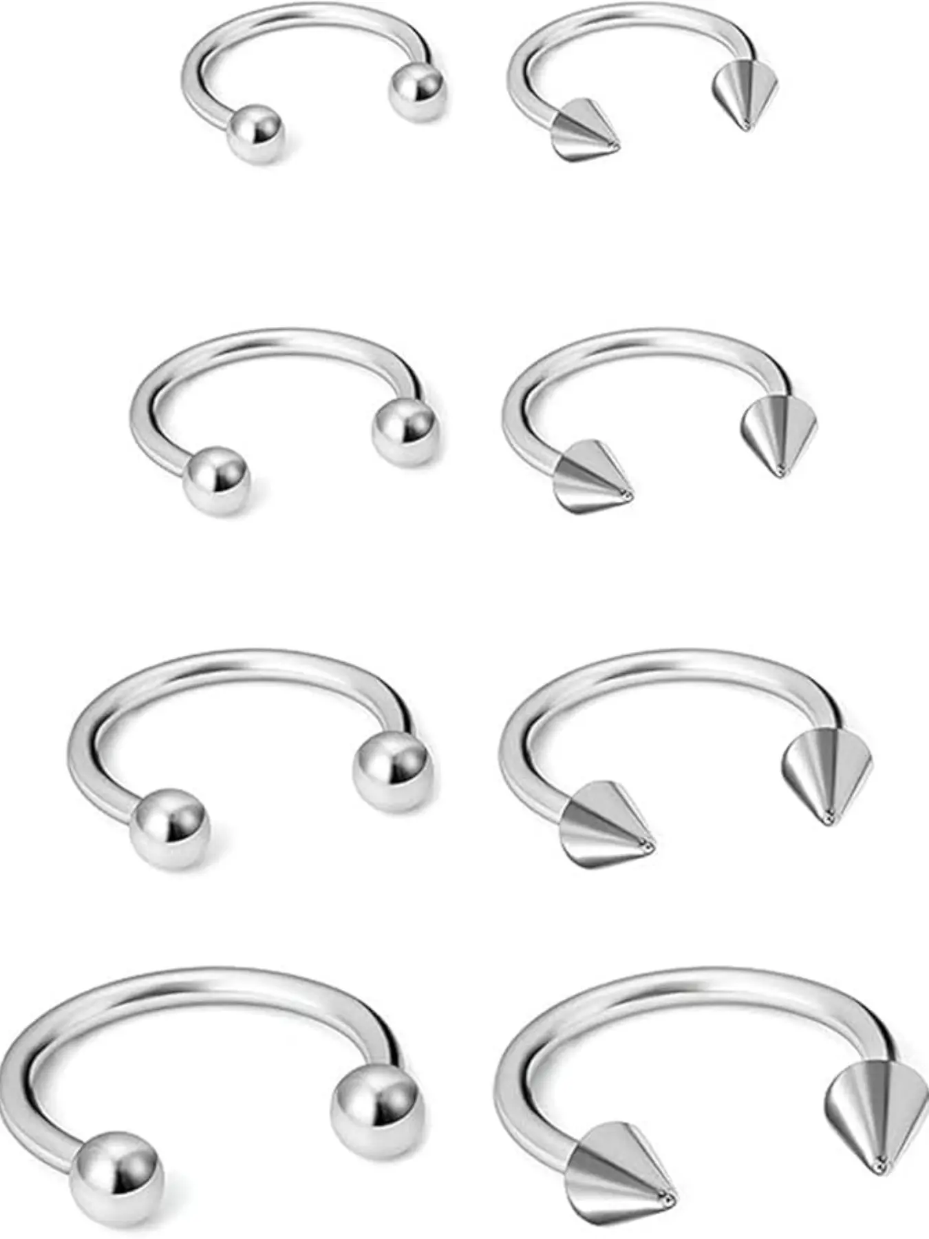 8 Pcs Titanium Alloy 16g Horseshoe Rings, Multiple Sizes, Nose Septum, Brow, Lip Piercing, Unisex Body Jewelry, Holiday Gift