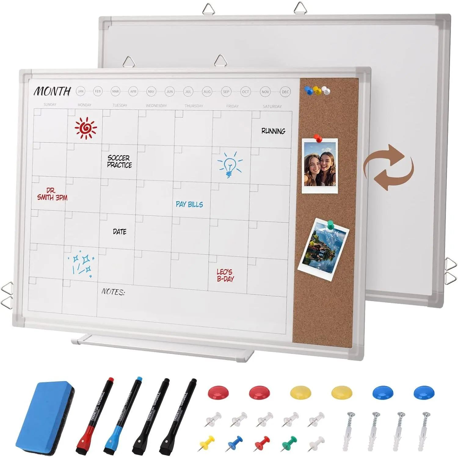 Dry Erase Calendar Whiteboard with Cork Board for Wall,  Monthly White Board 24" x 18" Double-Sided Bulletin Corkboard Wall  Board for  Office School Kitchen Planner