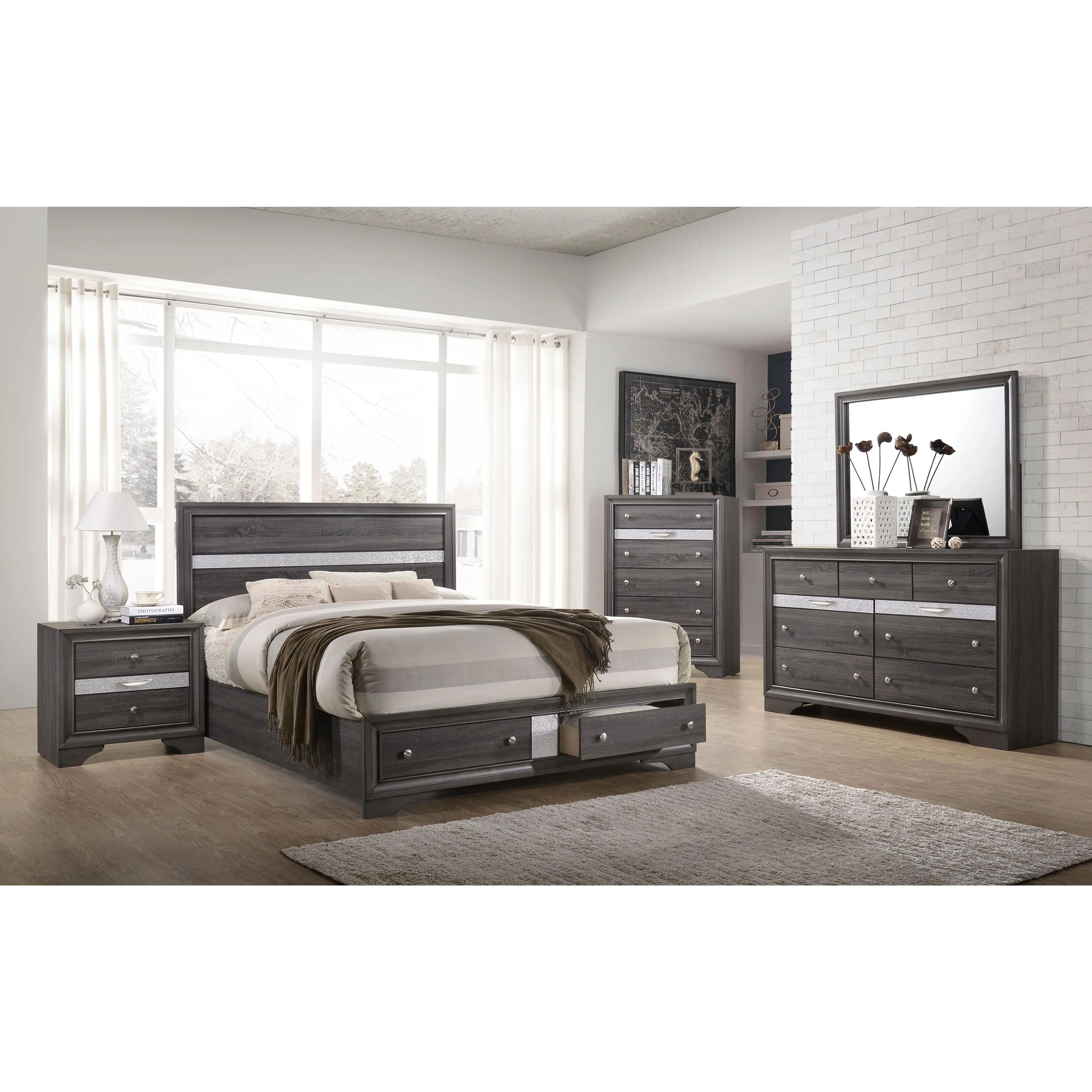 Nokka Traditional 5-Piece Full Size Solid Wood+MDF Gray Finish Bedroom Set with Storage Bed, 7-Drawer Dresser, Mirror, Chest & Nightstand, Complete Indoor Furniture Suite, Complete Suite