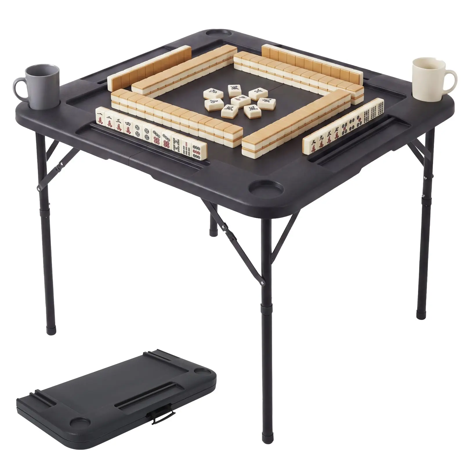 34 Inch Square Folding Game Table for Mahjong Poker Domino, Portable Card Table with Removable Felt Mat Cup Holders & Chip Trays, Heavy Duty Foldable Table for Home Game Night Camping