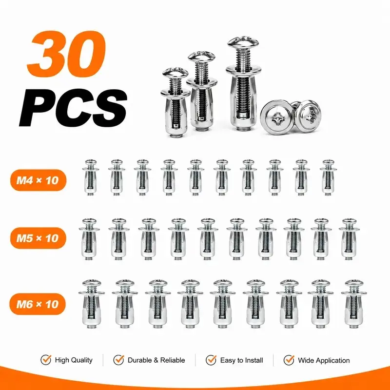 30-Piece Button Rivet Lock Nut Set Heavy-Duty Carbon Steel High-Strength Industrial Hardware, Bolt Compatible, for Fastening and Reinforcement in Wet Environments (M4, M5, M6, Three Sizes), Suitable for Home Furniture Repair Hardware