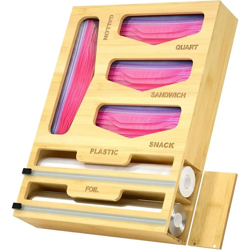 6-in-1 Plastic Bag Organizer & Wrap Dispenser with Lid - Kitchen Drawer Storage for Kitchen Organization, Gal, Qt, Sandwich, Snack Bags, Foil, Beige Aluminum Containers