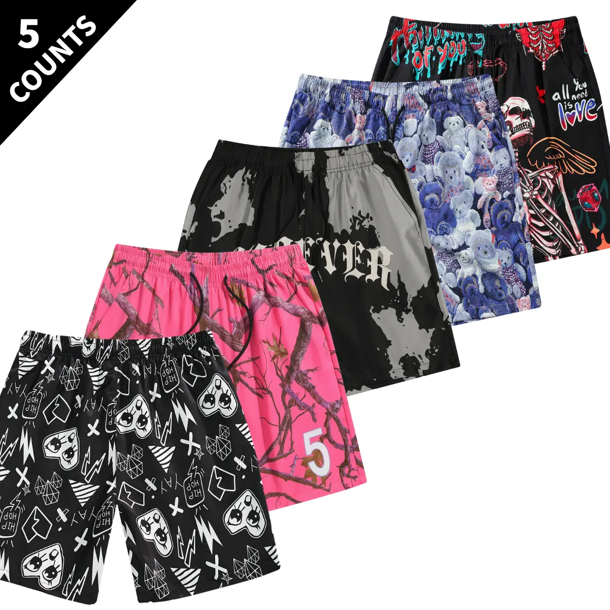 Men’s 5-Piece Quick Dry Sports Shorts - Trendy Printed, Side-Pocket, Drawstring Waistband, Regular Loose-Fit Summer Bottoms for Fitness, Running, Casual Wear