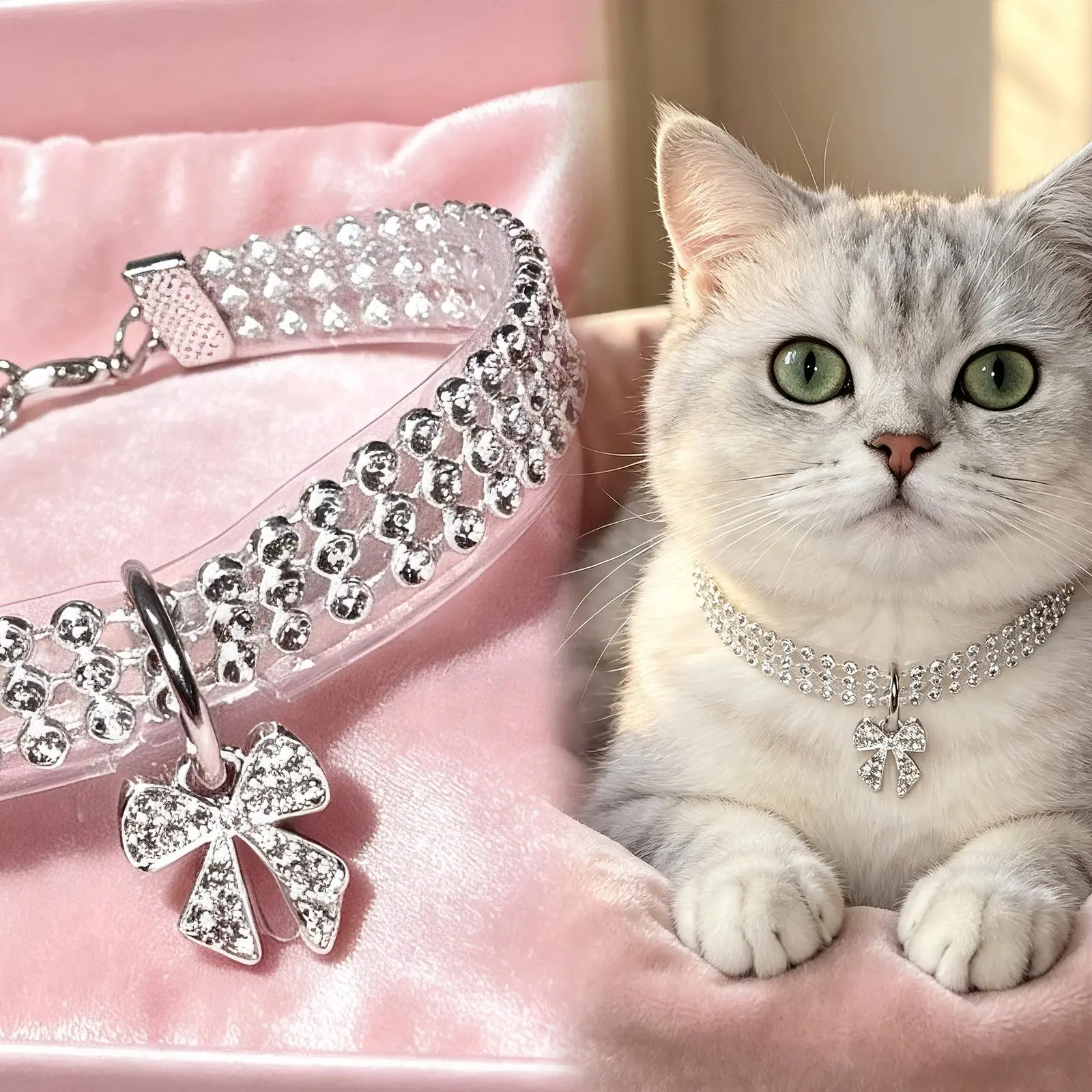 Full Rhinestone Bow Pet Collar, Sweet Princess Style Dog Cat Necklace, Adjustable Soft Comfortable, Durable Sparkling Accessory