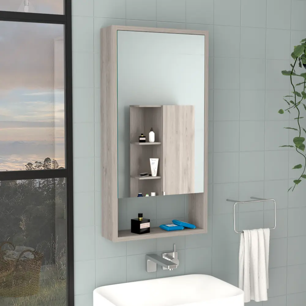 Nokaa Wall Mounted Medicine Cabinet with Mirror 35.4" H x 17.9" W, Light Gray Particle Board, 2 Interior Shelves & 1 External Shelf, Large Mirrored Door, Bathroom Storage for Toiletries, Gray