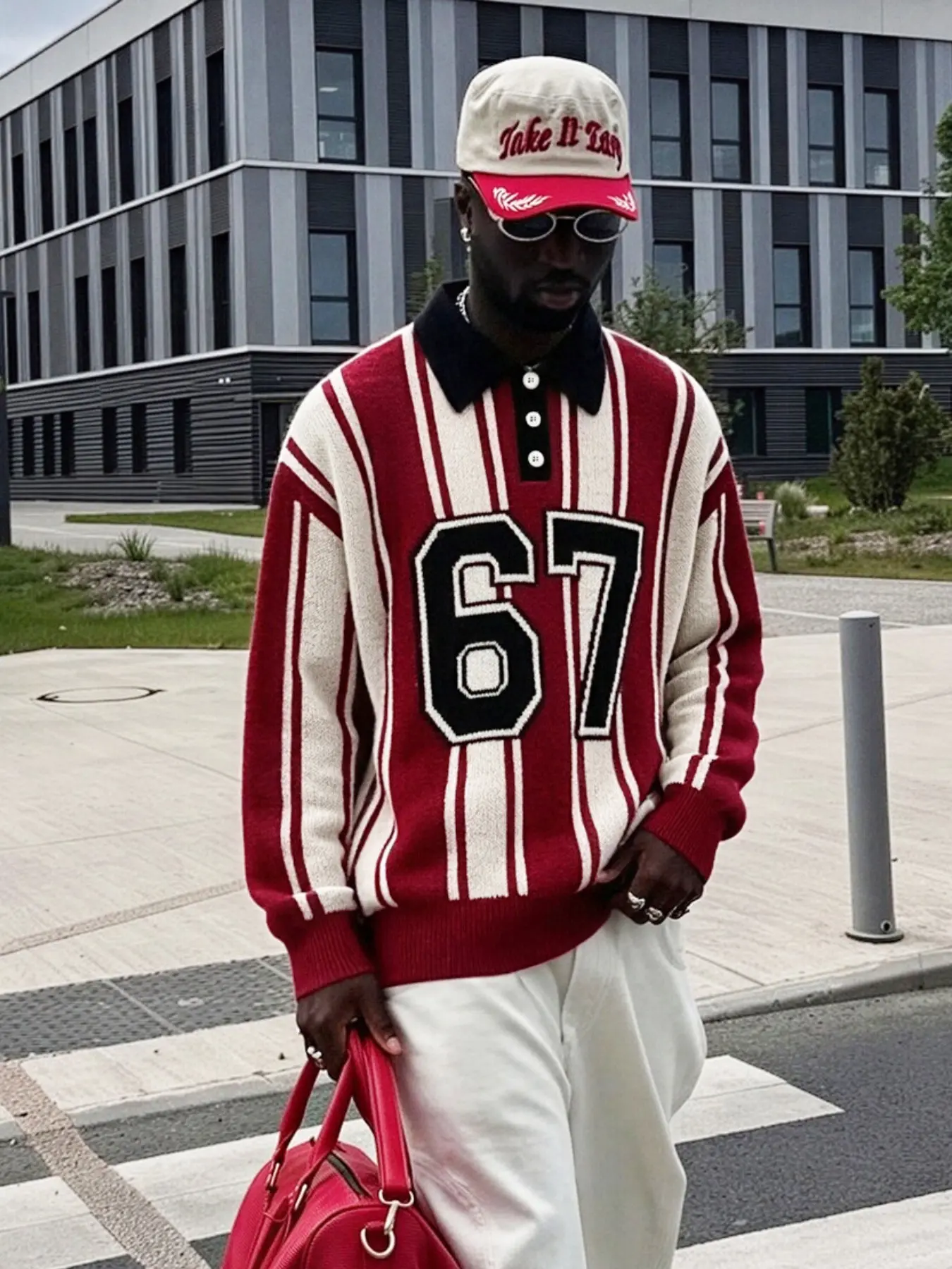Men's Fall Winter Street Style Knit Sweater, Colorblock Striped Digital Embroidery Long Sleeve Polo Neck, Loose Fit Hip Hop Fashion Casual