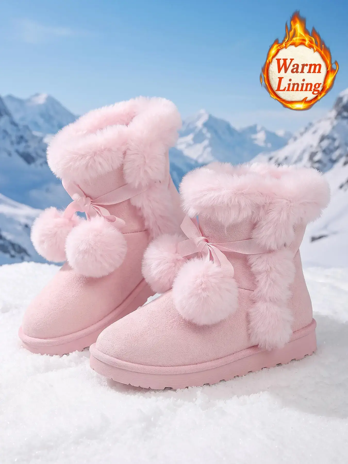 New Cute Fluffy Pom-Pom Snow Boots for Women, Mid-Calf Butterfly Knot Fleece Lined Warm Cotton Boots, Thick Sole Anti-Slip Winter Boots, for Christmas, Xmas