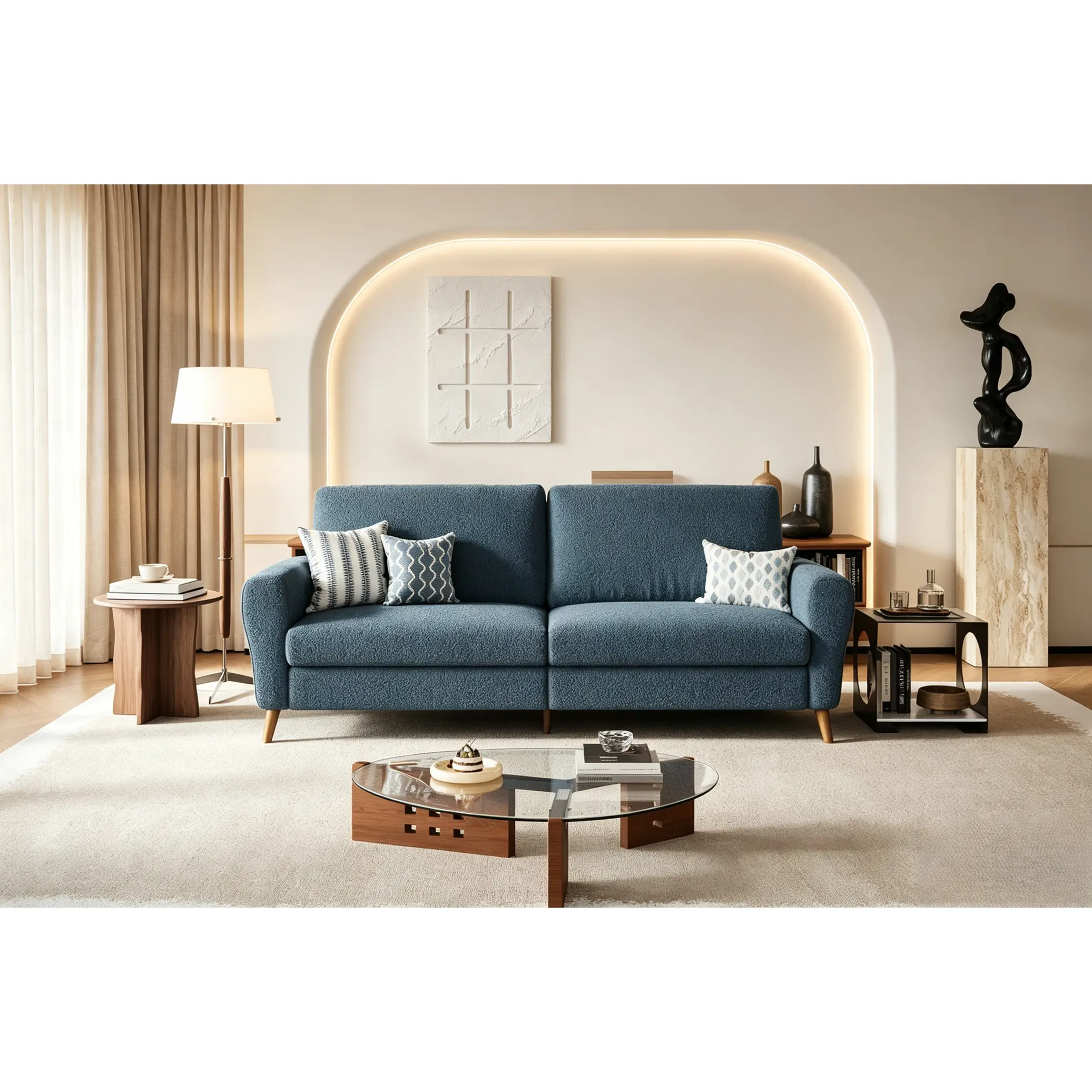 Modern 84" Boucle Fabric Sofa - Cozy 3-Seater Streamline Couch with Solid Wood Legs & 1000lbs Capacity, Ergonomic Deep Seat Living Room Furniture, Dark Blue