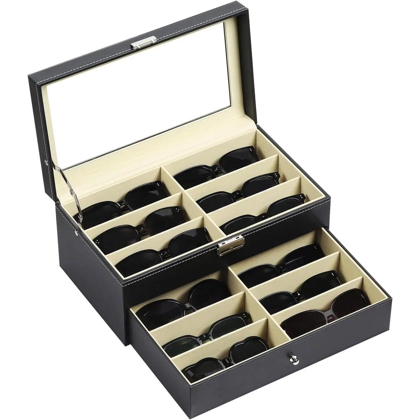 Eyewear Organizer Box, Elegant PU Leather 12-Slot Display Case for Sunglasses, 2-Tier Storage with Lockable Drawer and Glass Top, Eyeglasses Holder, Gift Choice, Business, Glasses Display Box, 13.2" X 7.6" X 6.1", Protects From Fingerprints