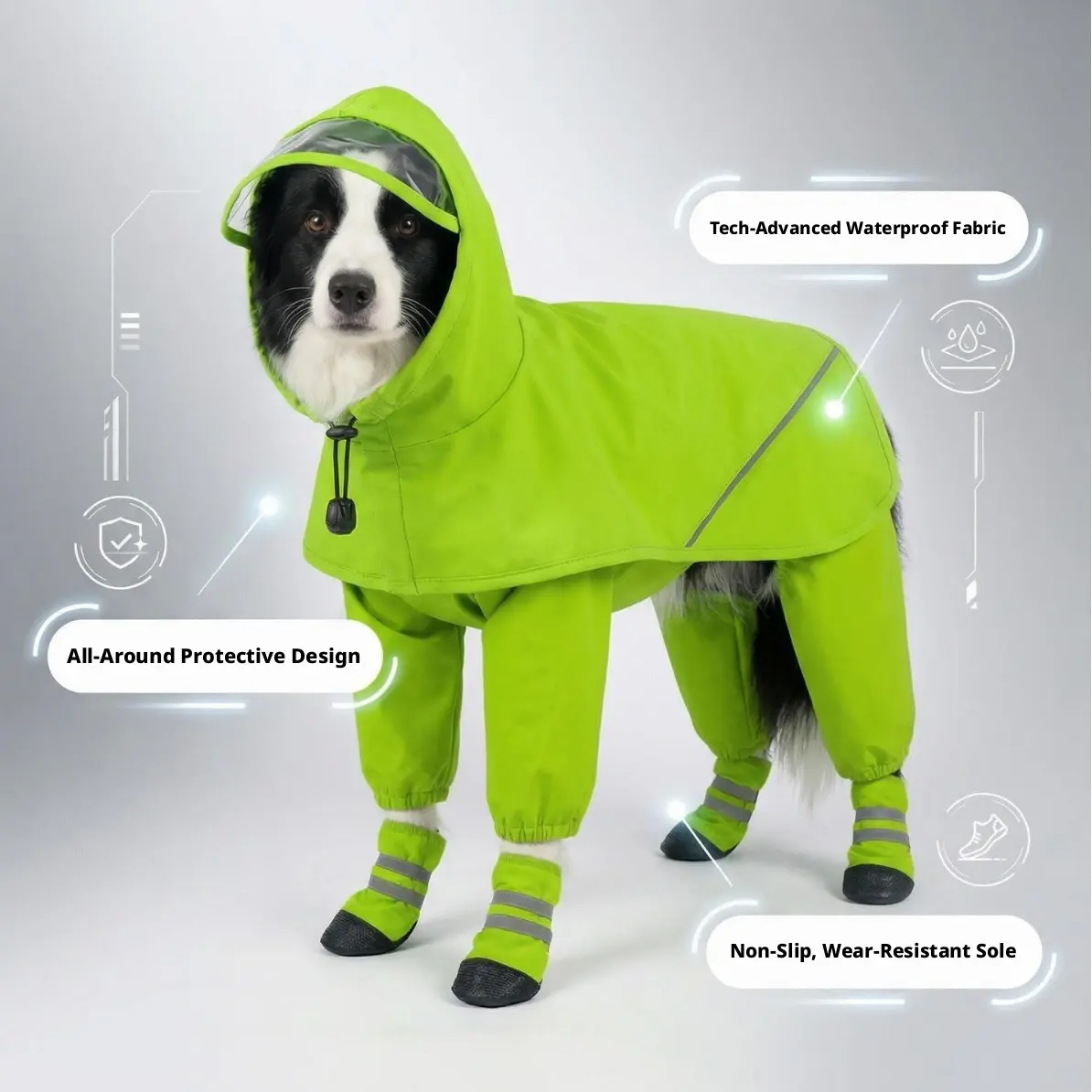 Waterproof Dog Raincoat Full Body 4 Legged Suit with Hood & Anti Slip Shoes Set for Medium Large Dogs Grey Green Black Windproof Pet Rainwear for Outdoor Walking Rainy Days