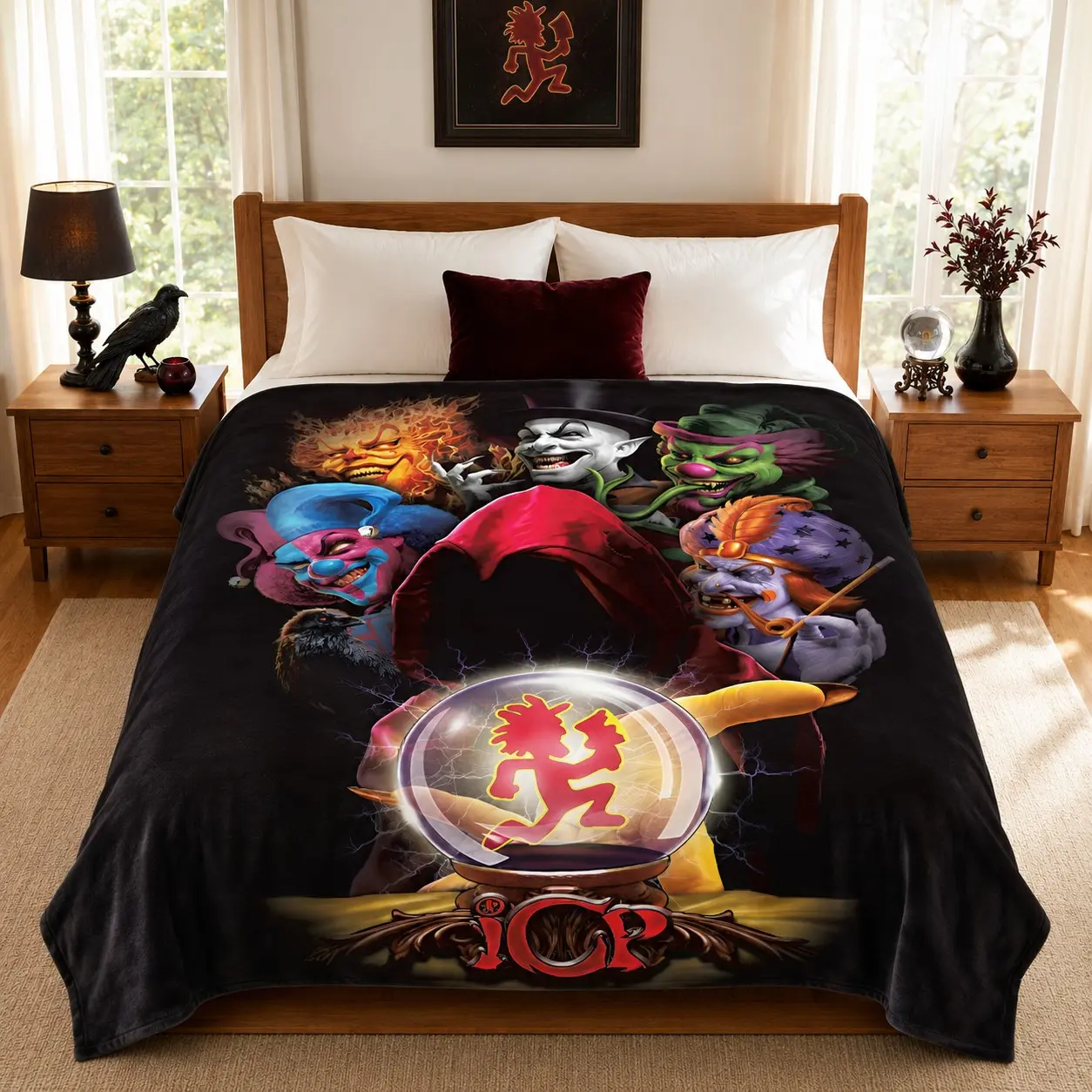 ICP Crystal Ball Dark Carnival Joker Collage Throw Blanket - Insane Clown Posse Multicolor Horror Clown & Hatchetman Symbol Graphic Print, Soft Flannel Warm Cover, Machine Washable, Unique Subculture Gift for Juggalo Fans Printed Blankets