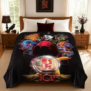 ICP Crystal Ball Dark Carnival Joker Collage Throw Blanket - Insane Clown Posse Multicolor Horror Clown & Hatchetman Symbol Graphic Print, Soft Flannel Warm Cover, Machine Washable, Unique Subculture Gift for Juggalo Fans