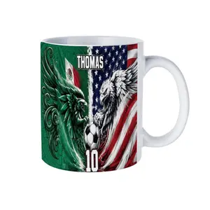 Half USA Half Mexico Eagle Soccer Custom Name Number Double Sided 11oz 15oz White Glossy Ceramic Coffee Mug, Personalized Binational Football Themed Drinkware, US Mexico Patriotic Flag Art Print, Unique Souvenir Gift for Soccer Fans