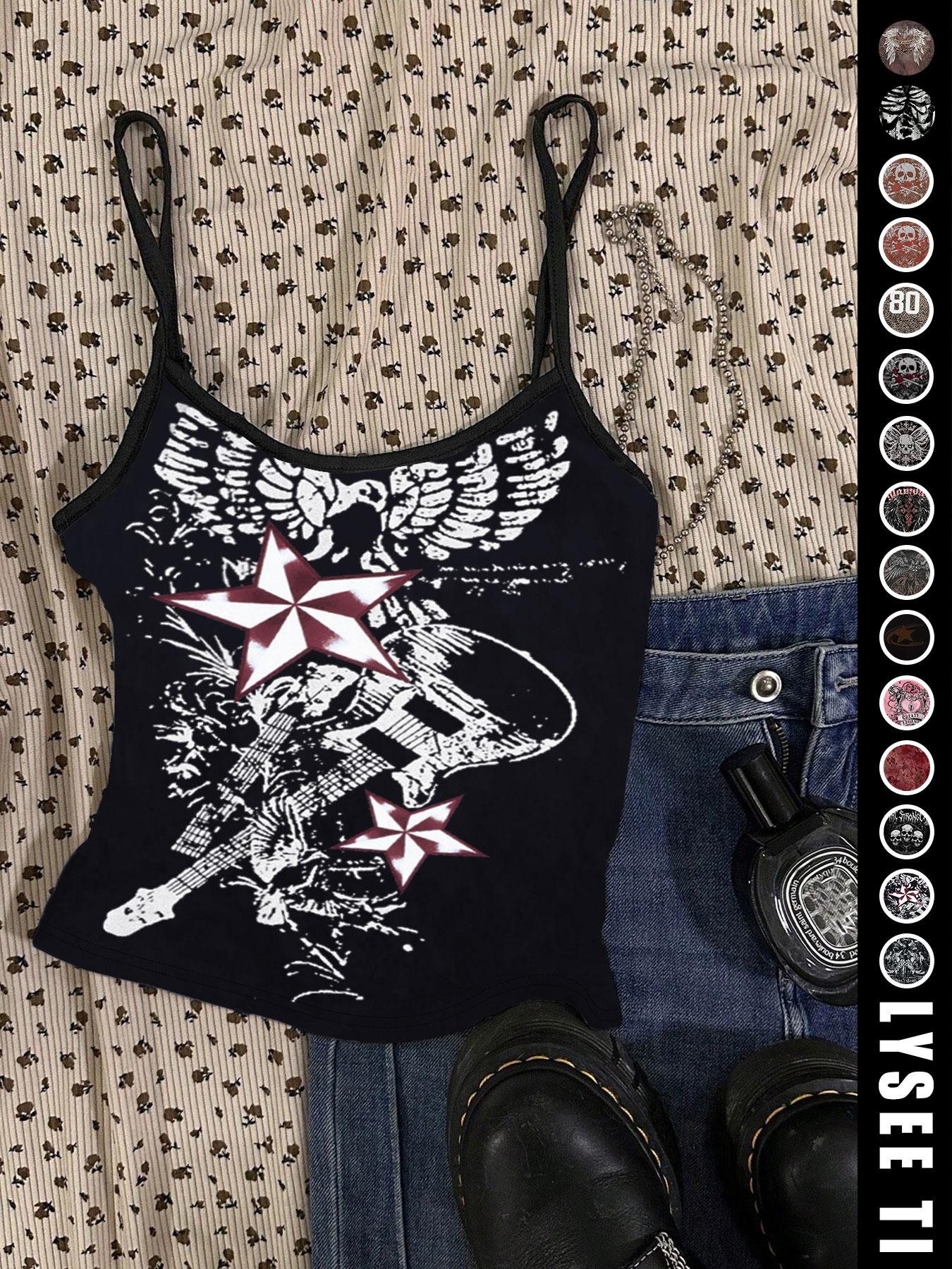 Vintage American Casual Slim-Fitting Skull Eagle Print Crop Top for Valentine's Day and Music Festival, Trendy Summer Vest for Women