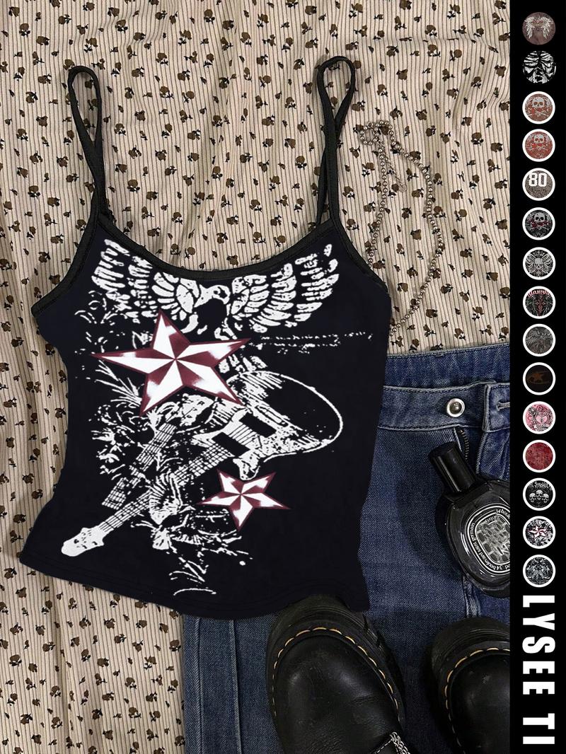 26 Valentine's Day Music Festival Rock Vintage American Skull Eagle Print Crop Top, Trendy Summer Vest for Women, Casual Slim-Fitting Fashion