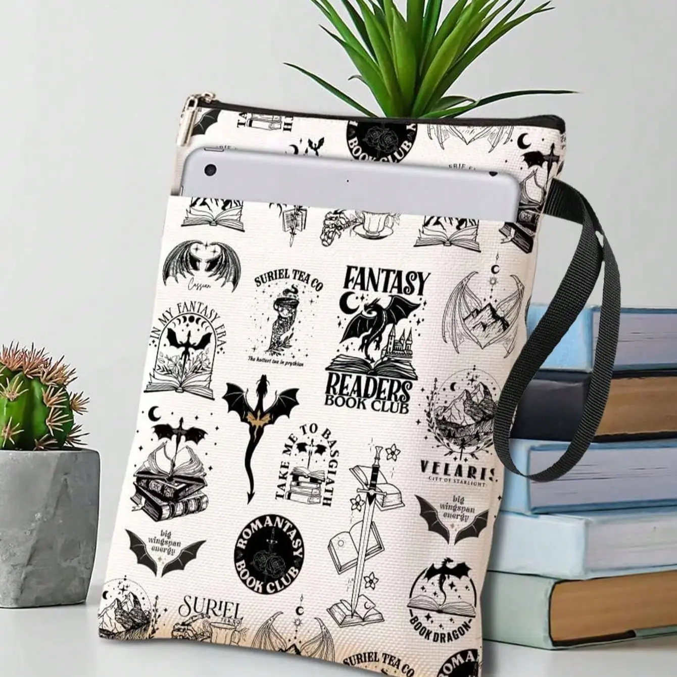 Fantasy Dinosaur Theme Document Bag, Washable Fabric Book Cover, Fashion Protective Book Case, Zipper Book Jacket with Wrist Strap, Book Accessories